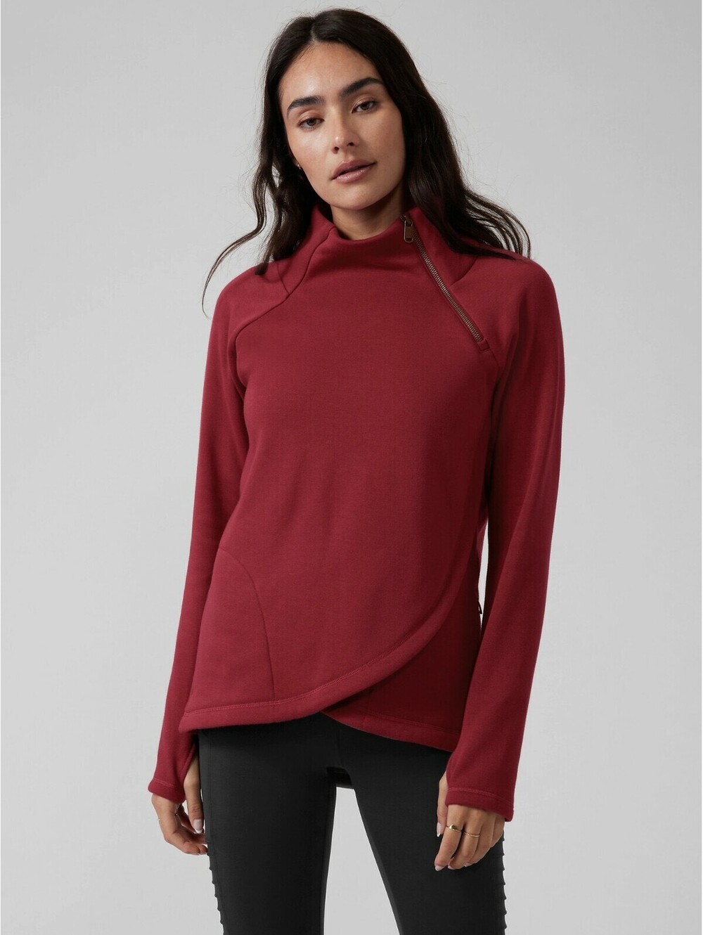 Athleta Cozy Karma Asym Pullover XS Decadent Red Wrap Front Sweatshirt